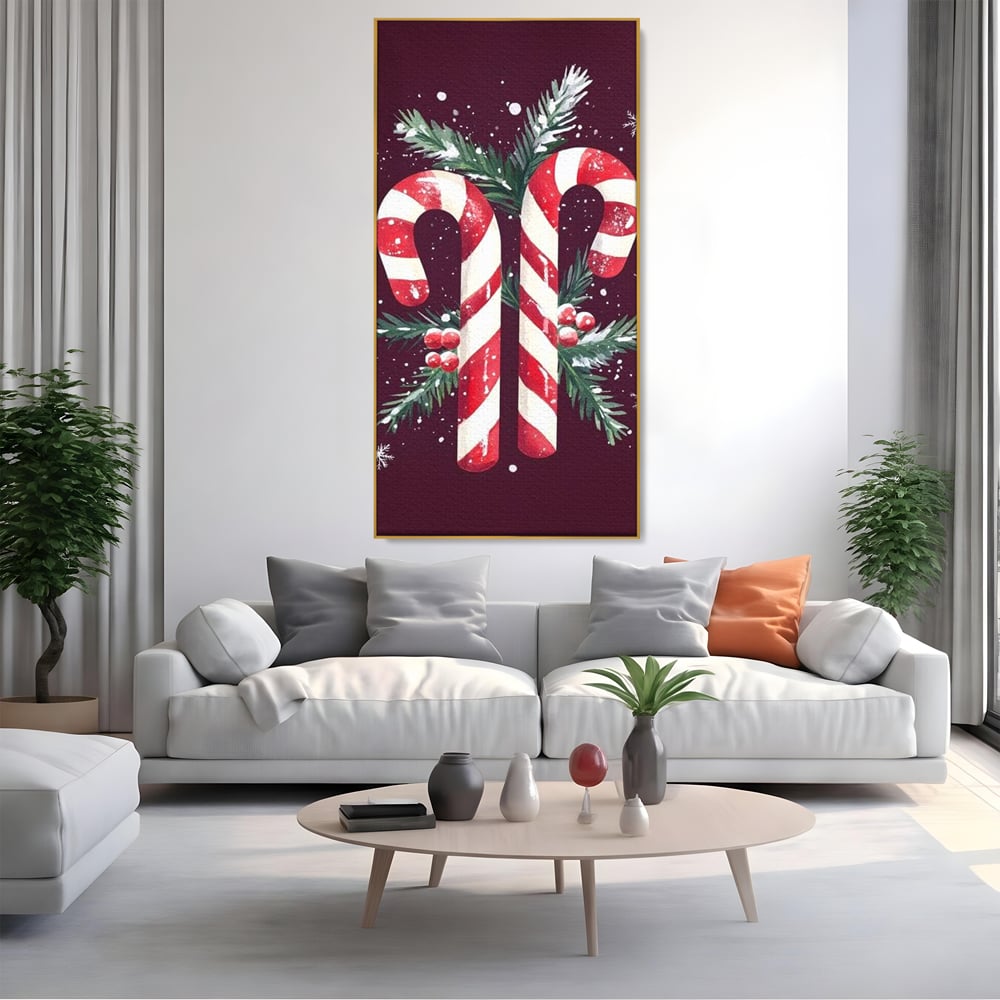 Tablou canvas cu tablou canvas cu bastonase de zahar, in rama de aluminiu auriu, pe perete intr-un living